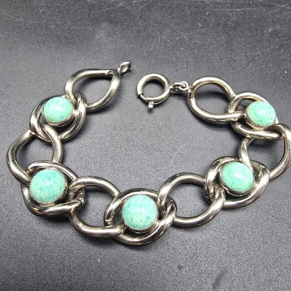 Peking Glass Bracelet Silver Tone Chain Link Vintage Teal Green Blue Jewelry - Picture 3 of 10